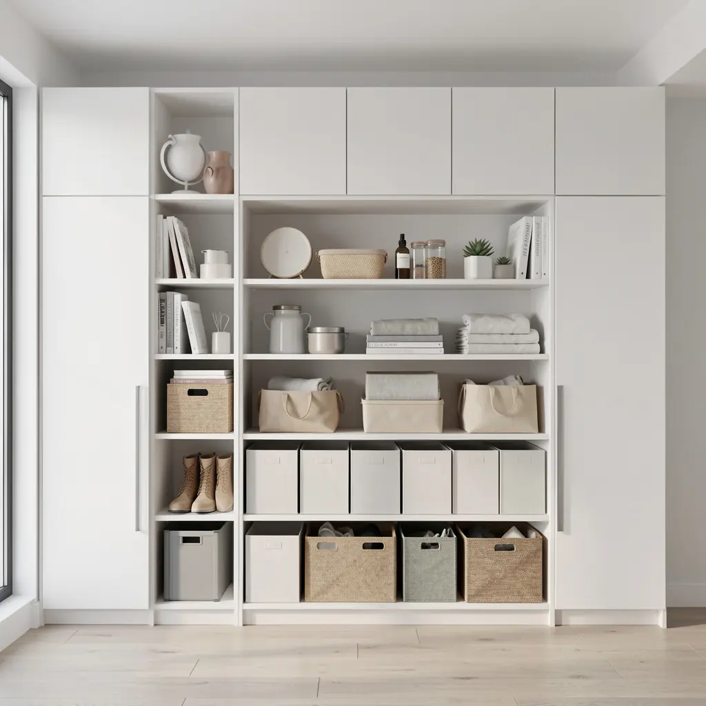 Professionele ruimte-organisatie met zorgvuldig geordende huishoudelijke items