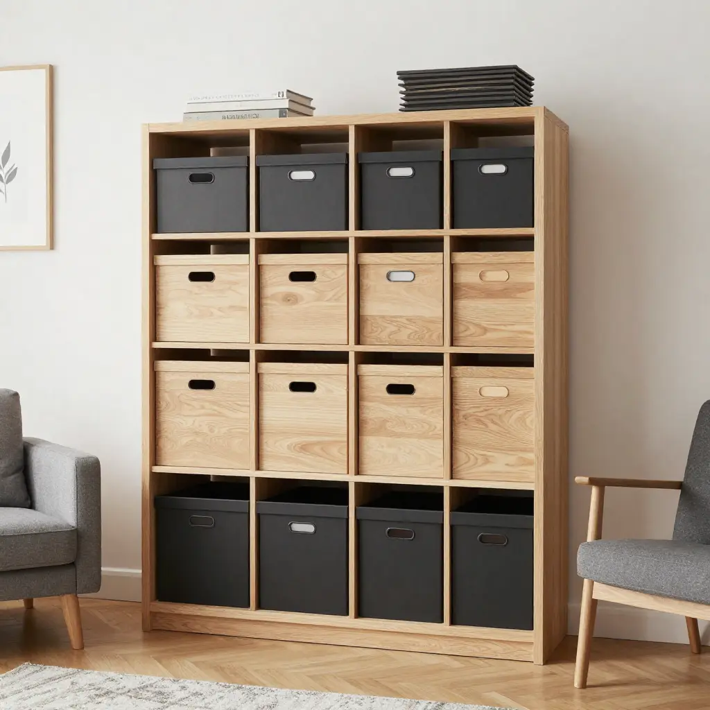 Georganiseerde woonruimte met nette opbergsystemen en ordelijke indeling